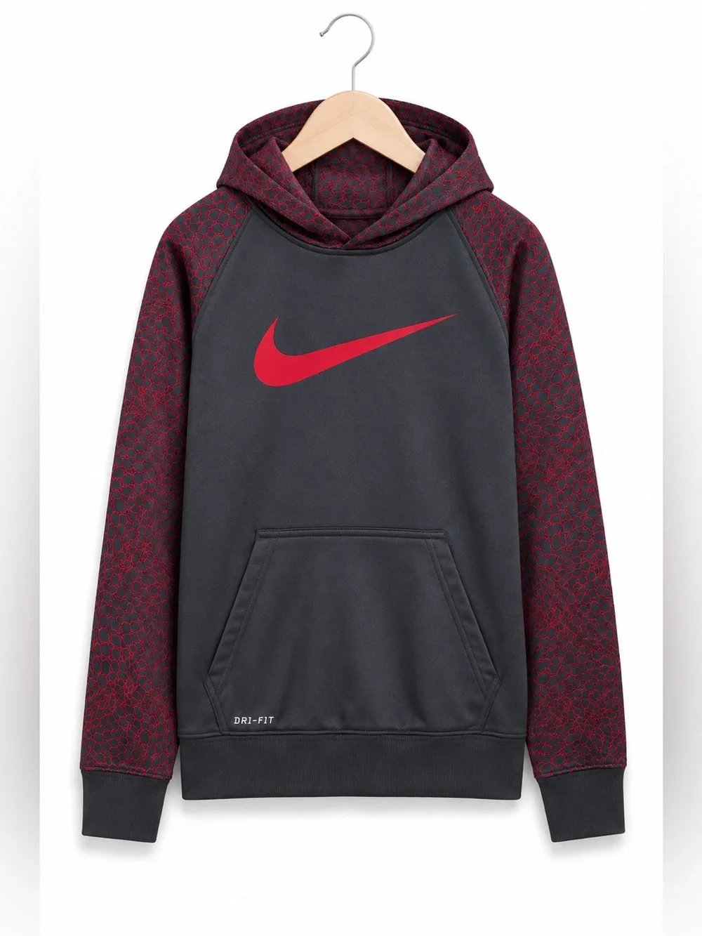 Nike Boys Gray Red Dri-FIT Hoodie Scales Print -‎ Size S 4-5 Kangaroo Pocket
